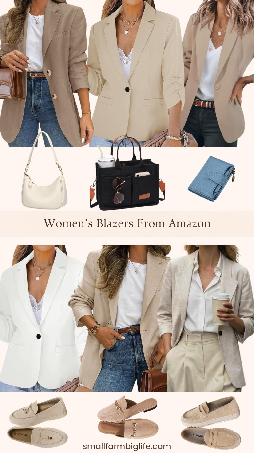 Blazers, bags and loafers from Amazon and this round up is giving all the best polished spring vibes 🌿✨ Starting with the shoes: tan suede buckle mule flats, beige Project Cloud genuine leather loafers, and another pair of beige Project Cloud genuine leather loafers that are slightly different and both so good. For bags I rounded up a light blue RFID blocking soft leather bifold wallet, a classic black canvas tote, and a cream shoulder bag that is so chic and versatile. And the blazers are everything right now: a white 3/4 sleeve dressy suit jacket, a beige 3/4 sleeve dressy suit jacket, a beige lightweight linen 3/4 sleeve blazer, a tan casual open front long sleeve blazer, a tan women's business casual blazer, and a beige women's business casual blazer. So many ways to style these pieces together and every single one is from Amazon at an amazing price point. Everything is linked! 🛒 

 #LTKgrwm #LTKootd #LTKOver40