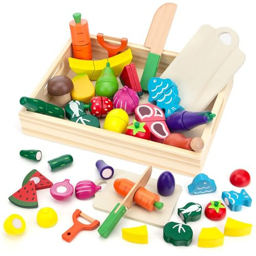 GOPLACS Wooden Play Food Sets for Kids Kitchen - Cutting Fruits and Veggies Toddler Toys Pretend Food Play Kitchen Accessories Montessori Educational Toys Gifts for Kids Boys Girls 3+ | Amazon (US)