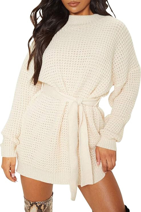 ZESICA Women's Long Sleeve Solid Color Waffle Knitted Tie Wasit Tunic Pullover Sweater Dress | Amazon (US)