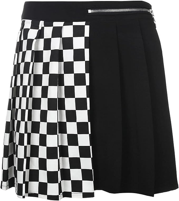 Fmiljiaty Women Girls Short High Waist Pleated Gothic Patchwork Checkerboard Skirt Women Black Sk... | Amazon (UK)