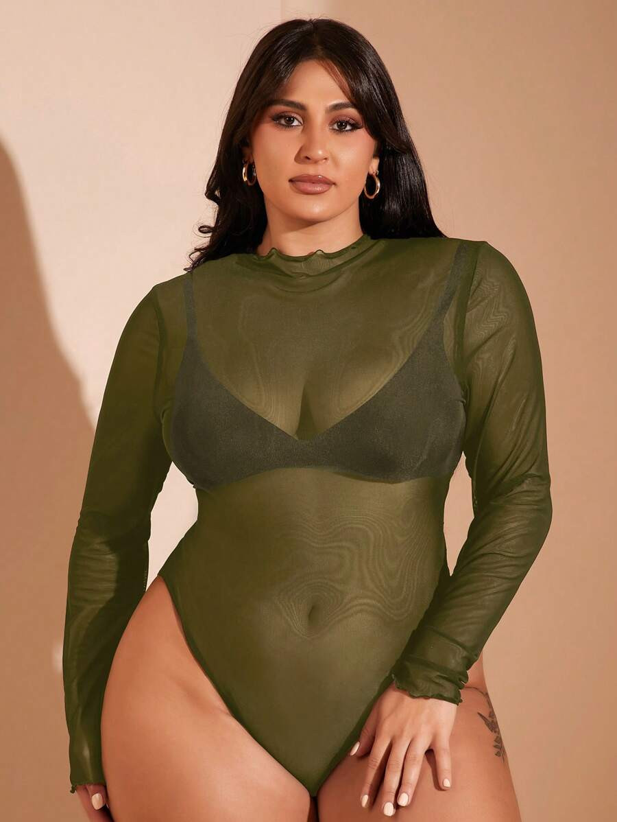 SHEIN BAE Plus Size Women's Solid Color Stand Collar Long Sleeve Mesh Sexy Sheer Bodysuit | SHEIN