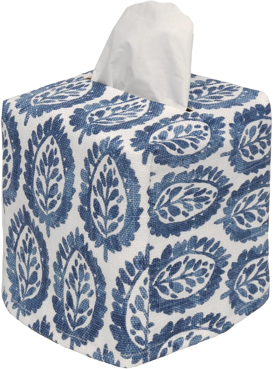 Fabric Tissue Box Cover, Tissue Holder Slipcover, Slips Over Square Cube Cardboard Facial Tissue Boxes -Decorative Blue Blockprint Cotton Fabric, Made in USA | Amazon (US)