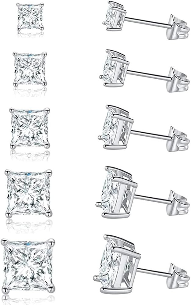 GEMSME 18K Gold Plated Princess Cut Clear Cubic Zirconia Stud Earrings Pack of 5 (white gold) | Amazon (US)