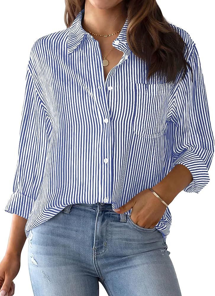 AISEW Womens Button Down Shirts Striped Classic Long Sleeve Collared Office Work Blouses Tops with P | Amazon (US)