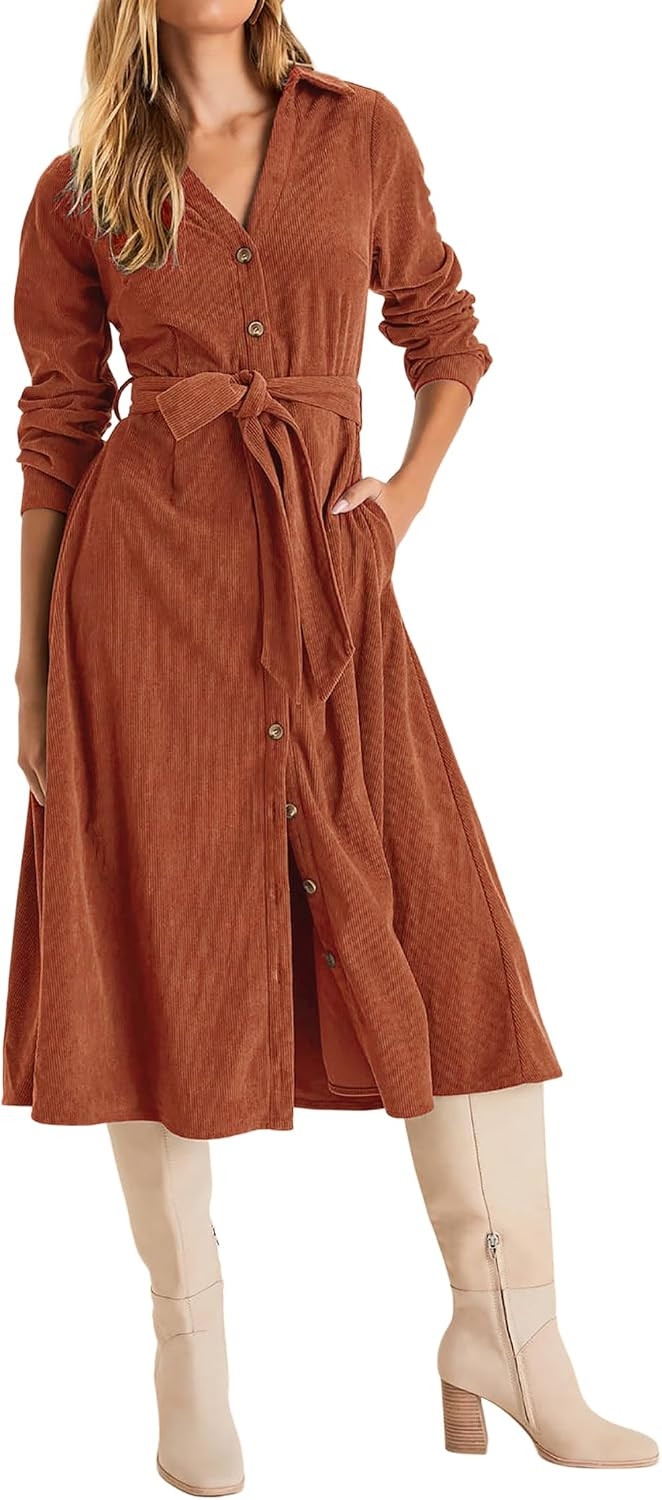 R.Vivimos Womens Fall Winter Corduroy Button Down Midi Dress | Amazon (US)