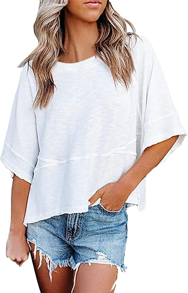 Womens Fashion T-Shirt Crewneck 3/4 Sleeves Solid Color Loose Basic Pullover Tops Summer Casual T... | Amazon (US)