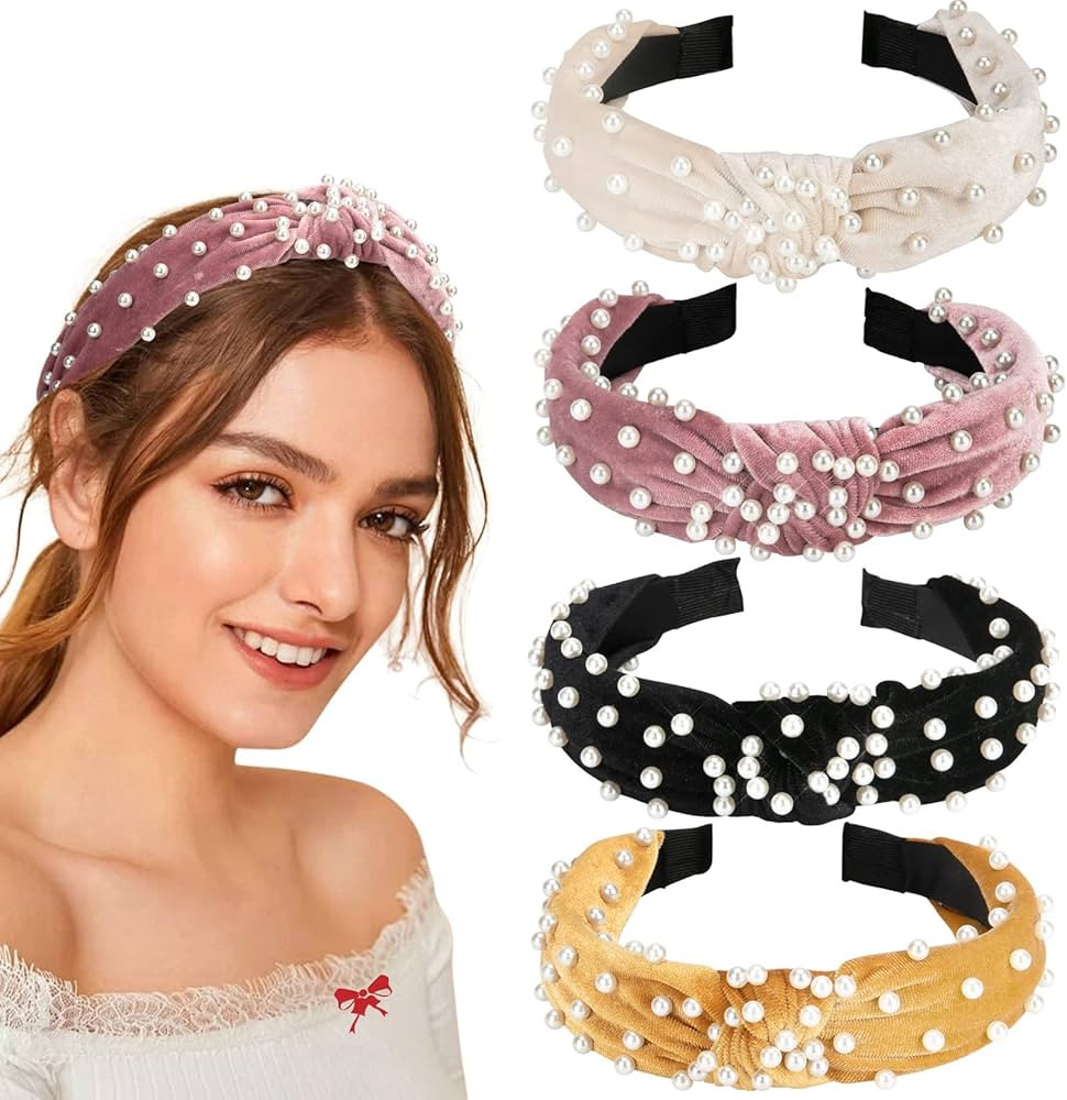 Allucho Pearl Headbands for Women, Beaded Headband Non Slip Wide Top Knot Head Bands, Black White... | Amazon (US)
