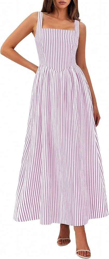 PRETTYGARDEN Women's Maxi Dress Summer Striped Sundress 2026 Spring Smocked A Line Long Flowy Bea... | Amazon (US)