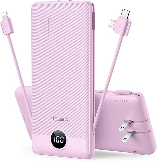 VEGER Portable Charger for iPhone Built in Cables and Wall Plug, 10000mah Slim Fast Charging USB ... | Amazon (US)