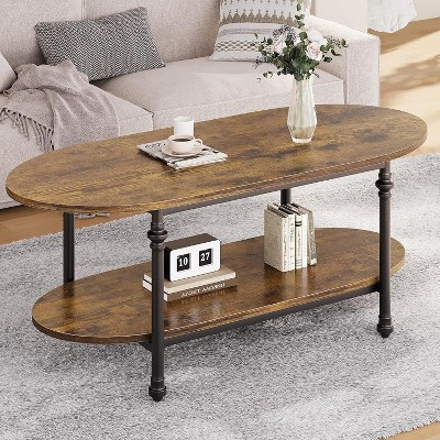 1-Piece Vintage Oval Coffee Table - 47.2" 2-Tier Design, Roman Column Legs & Waterproof Top for Living Room/Office, Retro Color | Target