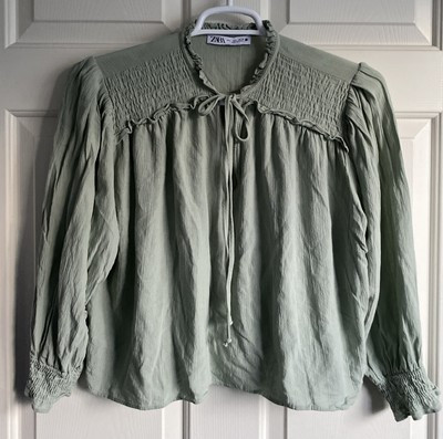 ZARA  Womens Blouse Top Crepe Basic Collection Lightweight Balloon Sleeves Green | eBay US