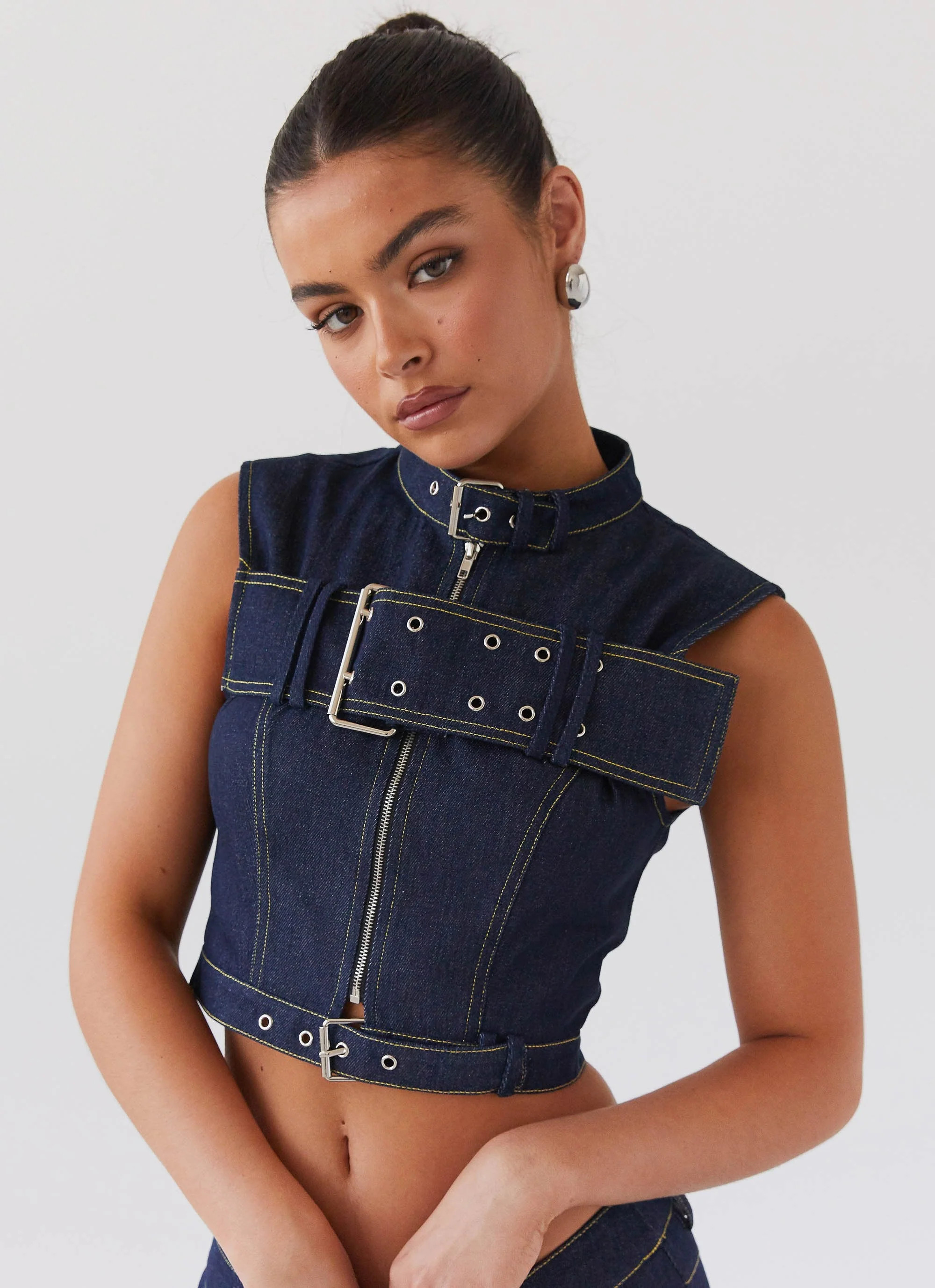 Greedy Denim Buckle Top - Indigo | Peppermayo (Global)