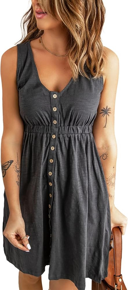 BLENCOT Women's Casual Sleeveless T-Shirt Dresses Summer V Neck Button Down Swing Short Dress | Amazon (US)