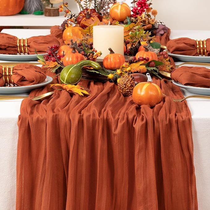 Fall Table Runner Terracotta Thanksgiving Cheesecloth Table Runner Rust Red Boho Gauze Table Runn... | Amazon (US)