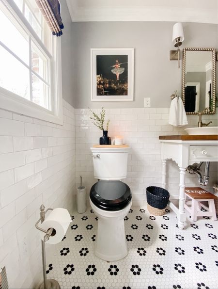 Replace your white toilet seat with a black seat! Immediately adds luxury for less!

Kids bathroom, tile, honeycomb tile, girls bathroom 


#LTKhome