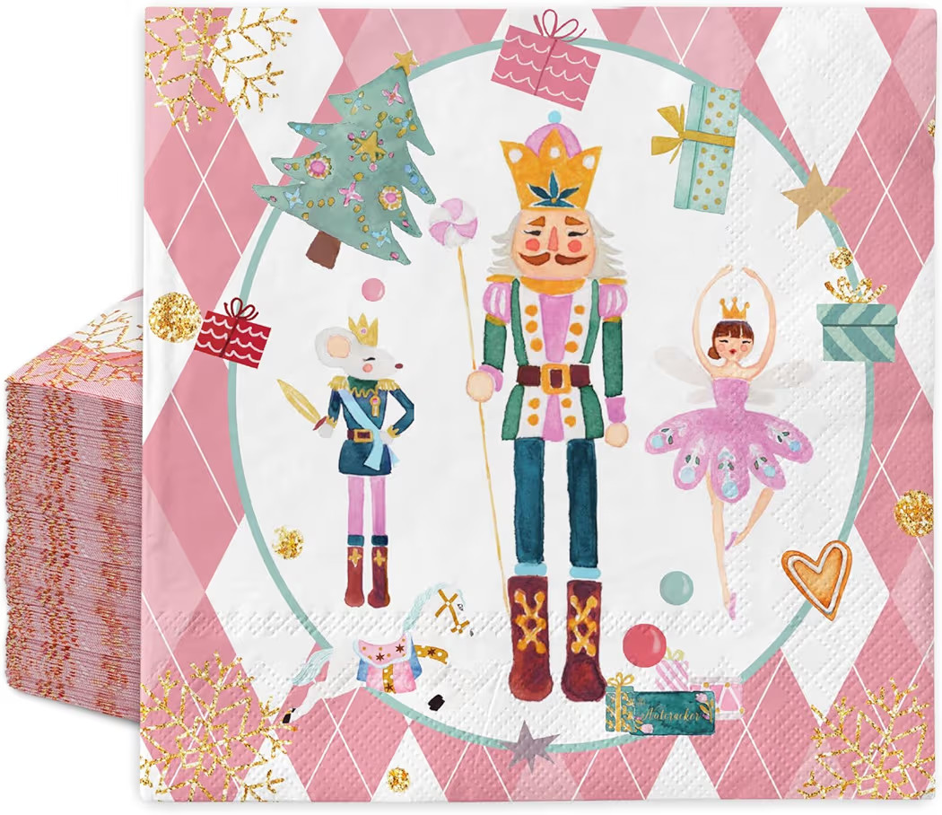 50Pcs Christmas Paper Napkins Pink Diamond Nutcracker Disposable Luncheon Napkin Sweet Cute Dessert Dinner Hand Napkin for Birthday Baby Shower Wedding | Amazon (US)