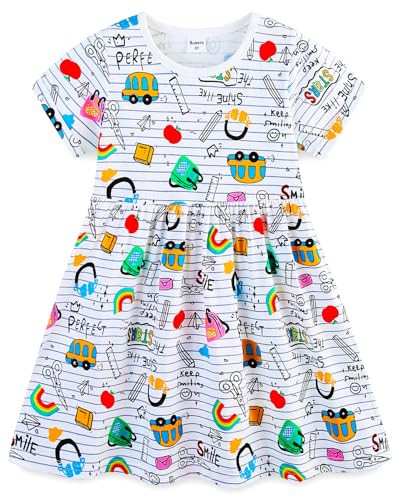 Toddler Girls Back to School Dresses Short Sleeve Cute Cotton A-Line Skater Dress for Preschool Kindergarten Outfits Apple Pencils Rainbow Size 6 | Amazon (US)