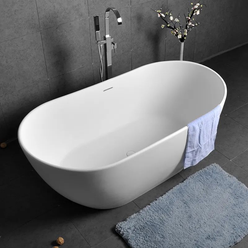 Oval Shape 64 Inch Freestanding Glossy White Stone Resin Soaking Bathtub with Overflow-Homary | Homary.com