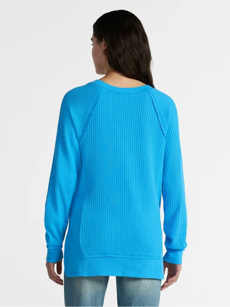 Time and Tru Women's Waffle Knit Tunic V-Neck Sweatshirt with Long Sleeves, Sizes XS-3XL - Walmar... | Walmart (US)