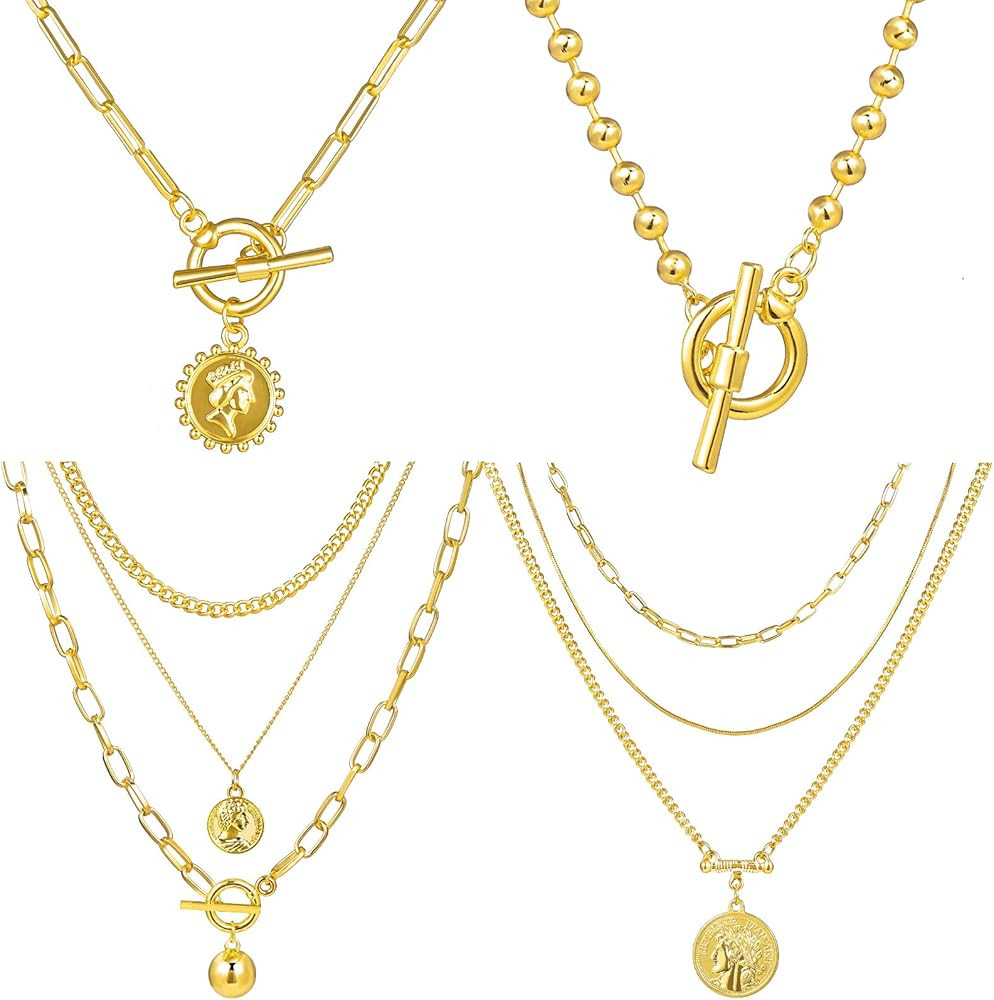17 MILE 4 PCS Layered Chain Choker Necklace Set for Women, Dainty Gold/Silver Paperclip Long Link... | Amazon (US)