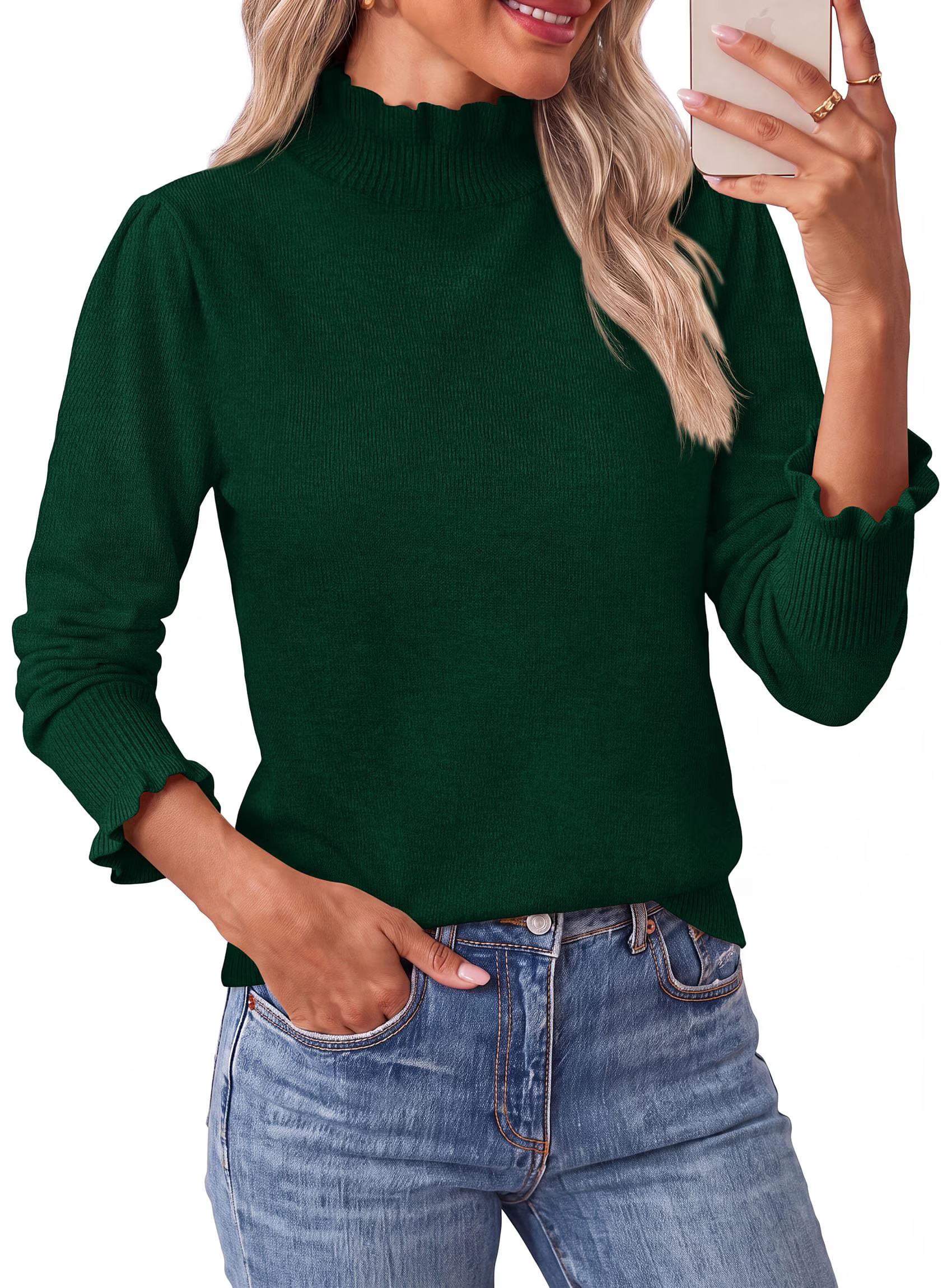 PRETTYGARDEN Women's Fall Cozy Sweaters Trendy Ruffle Mock Neck Pullover Soft Stretchy Warm, Ribbed Knit, Cute Tops, Puff Long Sleeve Blouses, Dressy Casual Shirts,Winter Clothing - Walmart.com | Walmart (US)