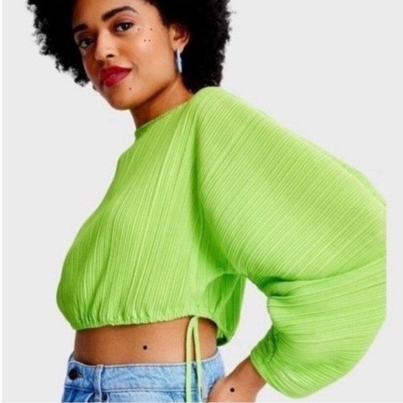 Future Collective Gabriella Long Croissant Sleeve Plisse Top Lime Green M NWT | Poshmark