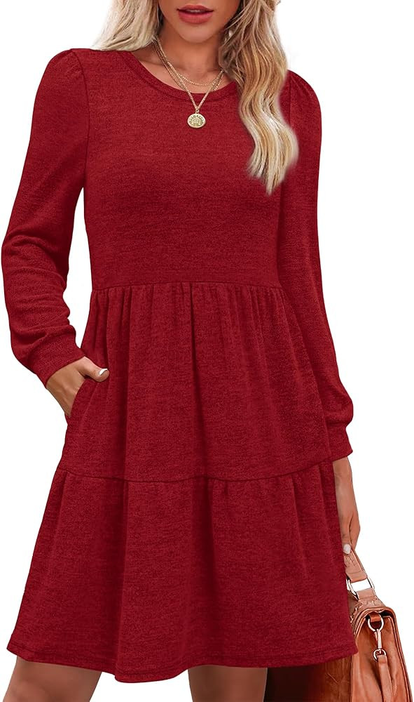 OFEEFAN Womens Long Sleeve Fall Dresses with Pockets Crew Neck Babydoll Casual Winter Dress 2025 | Amazon (US)