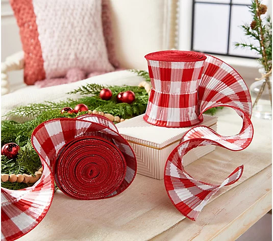 Set of 2 5" x 15' Checked Pleated Ribbon by Valerie - QVC.com | QVC