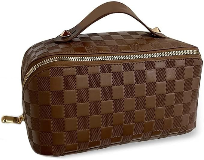 Large Capacity Travel Cosmetic Bag Plaid Checkered Makeup Bag Portable Leather Waterproof Skincar... | Amazon (US)