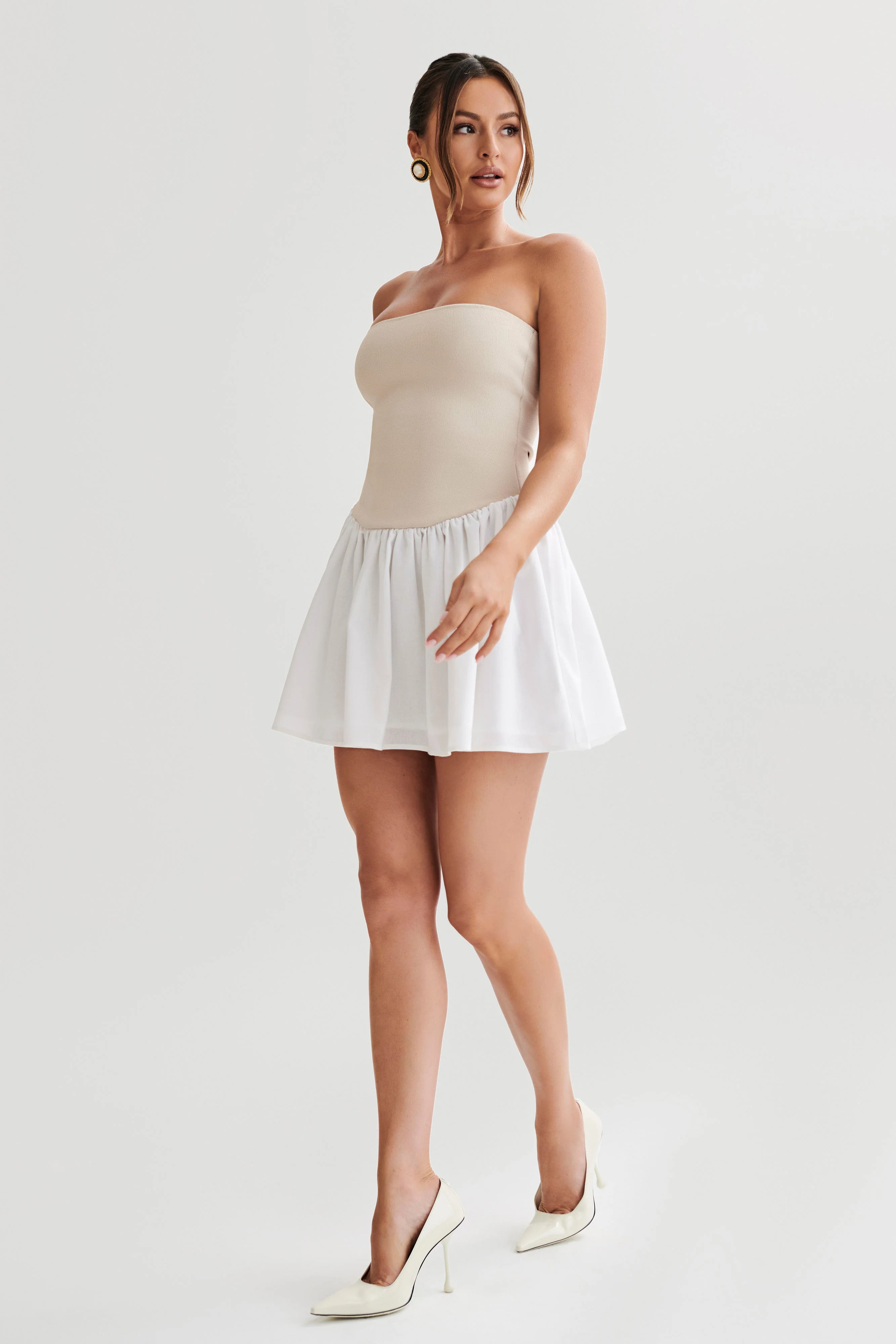 Hannah Knit And Linen Mini Dress - Natural/White | MESHKI US