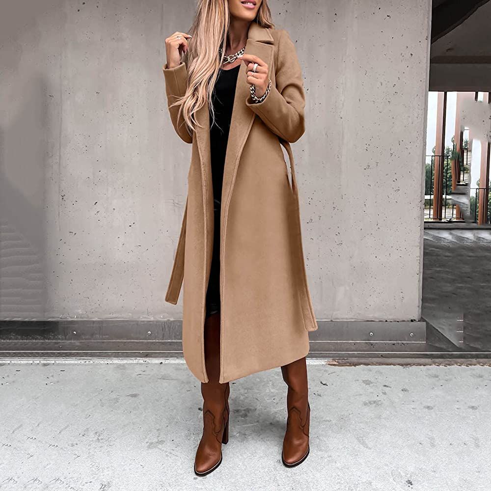 Generic Women's Trench Coat Mid Length Pea Coat Classic Lapel Overcoat Belted Slim Outerwear Coat wi | Amazon (US)