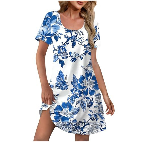 Dresses for Women 2026 Summer Casual Floral Print Babydoll Dress Short Sleeve Crew Neck Midi Dresses Womens Easter Dress Aline Sundresses Boho Flowy Vacation Sundress | Amazon (US)