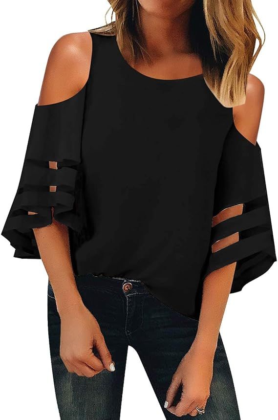 LookbookStore Women's Cold Shoulder Loose Shirt Tops 3/4 Bell Mesh Sleeve Blouse | Amazon (US)