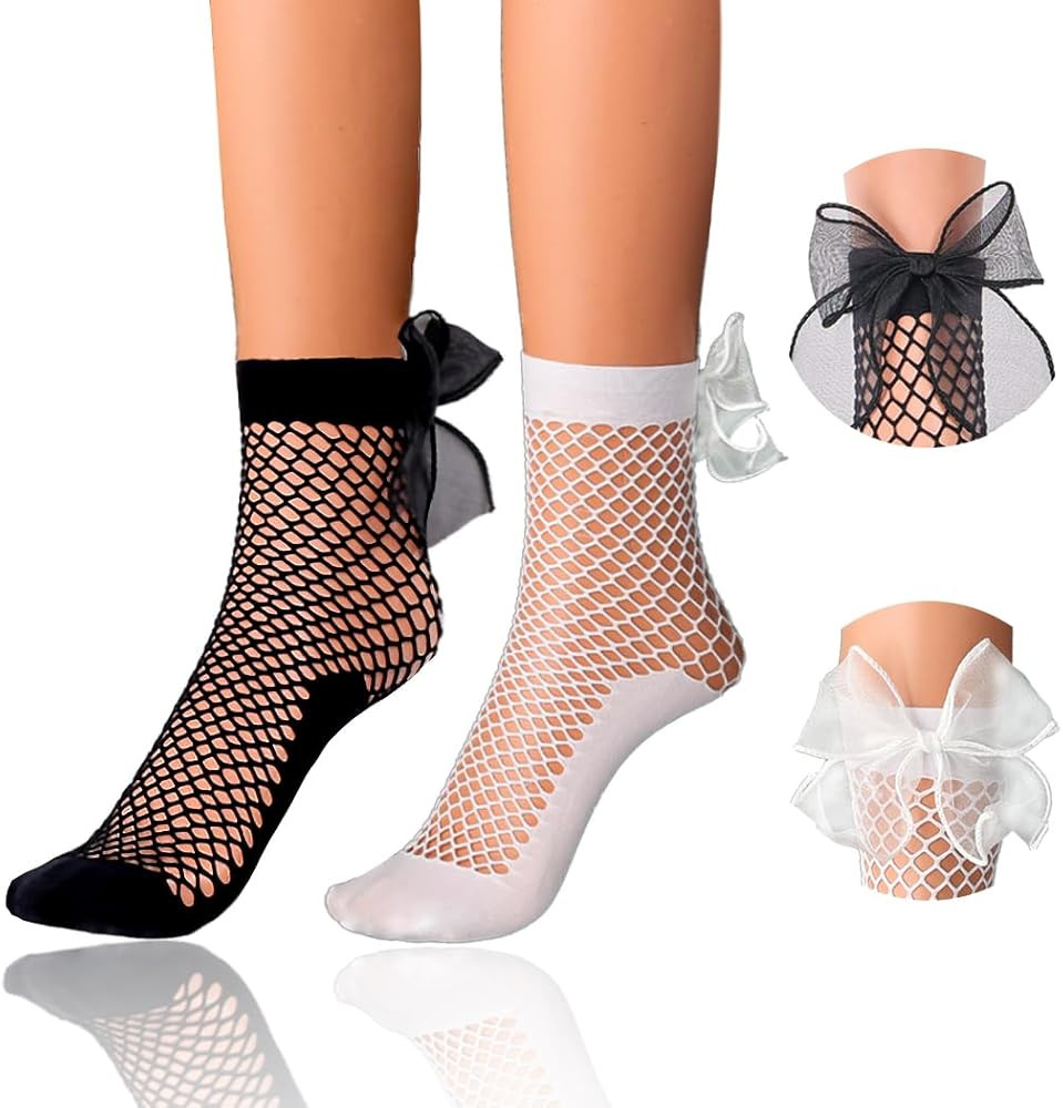Fishnet Sheer Socks Bow Mesh Net Socks Elastic Hollow Short Sock for Women 2 Pairs | Amazon (US)
