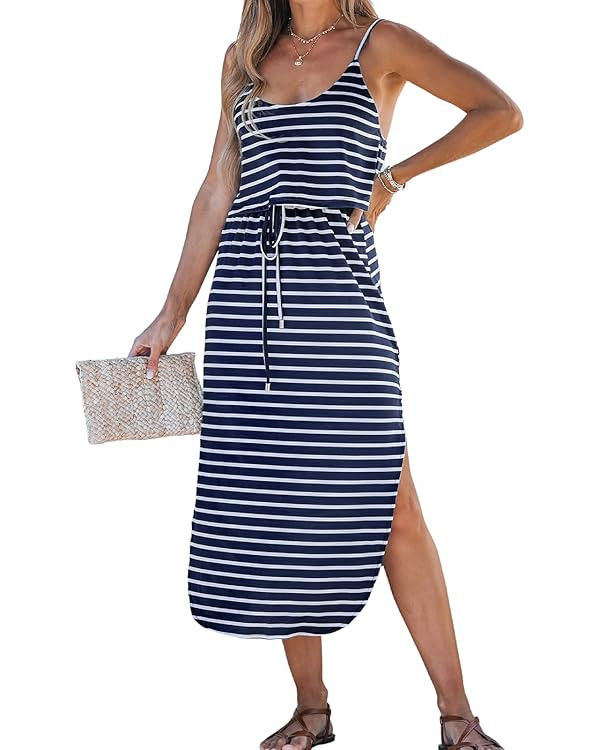 CUPSHE Women's Midi Dress Scoop Neck Ruffled Sleeveless Slit Drawstring Spaghetti Straps A Line C... | Amazon (US)