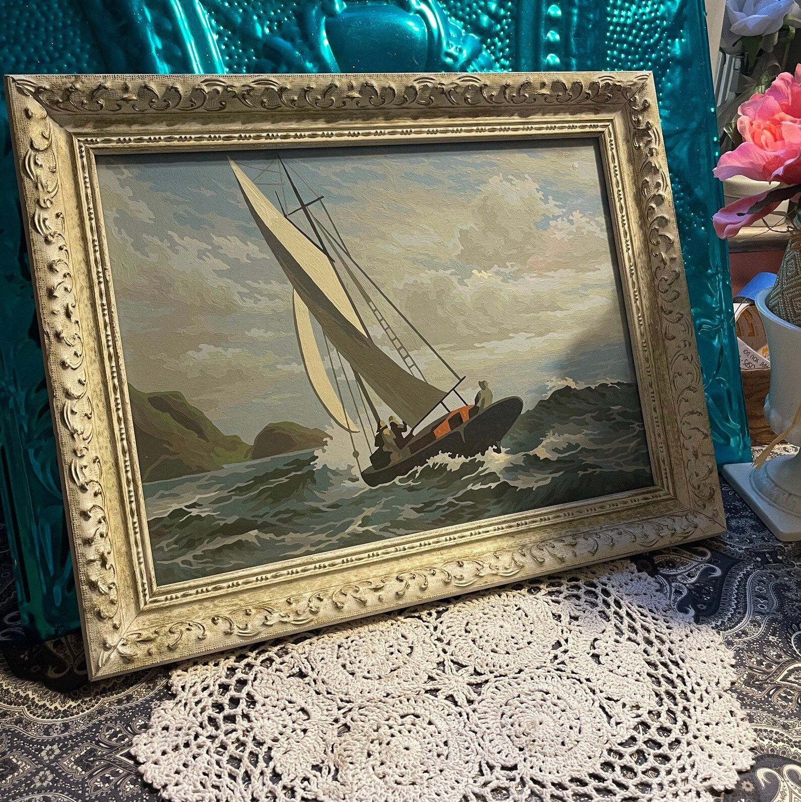 Vintage ornate wood framed sailboat painting or textured print under glass | Etsy (US)