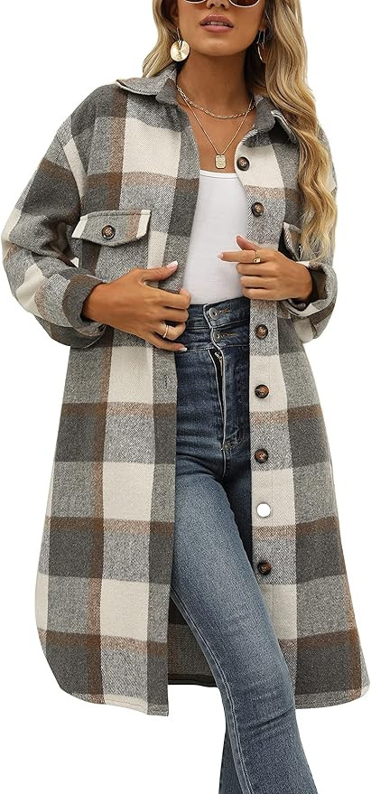 SeekMe Women's Long Plaid Shirt Jacket Shacket Lapel Button Down Woolen Blend Casual Tartan Over ... | Amazon (US)