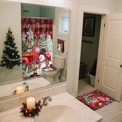 8 Pcs Christmas Shower Curtain Set - Xmas Bathroom Decor With Santa, Christmas Tree & Snowman, Includes Waterproof Curtain, Hand Towels, Toilet Lid Co | Wayfair North America