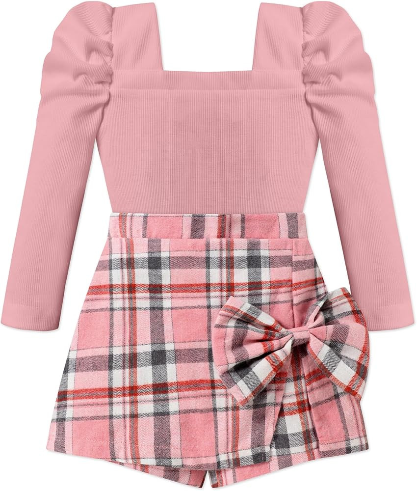 Toddler Girl Clothes Square Neck Puff Sleeve Top and Skort Set 2PCS Fall Winter Girls Outfits | Amazon (US)