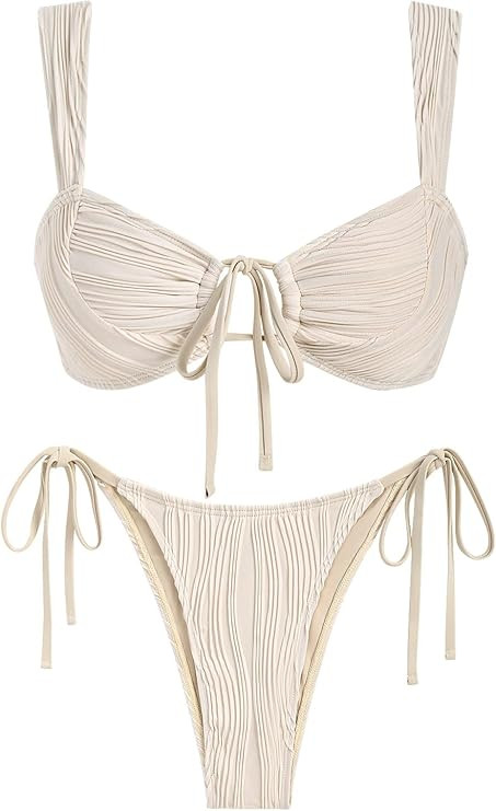 ZAFUL Women's Cinched Bikini Solid Color Wave Textured Knotted Tied Side Two Piece Swimsuit Bathi... | Amazon (US)