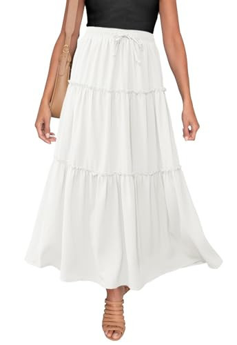 HERBATOMIA Women’s Tiered Flowy Maxi White Skirt A-Line Elastic High Waisted Long Swing Drawstring Skirts for Women with Pockets | Amazon (CA)