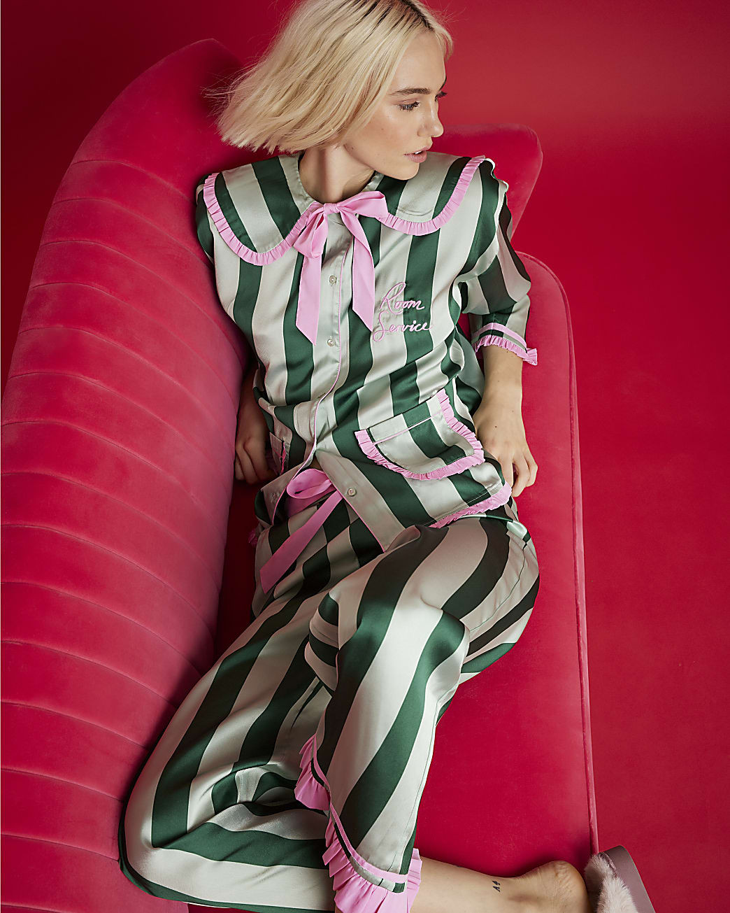 Nephthys Green Satin Striped Pyjama Set | River Island UK & IE