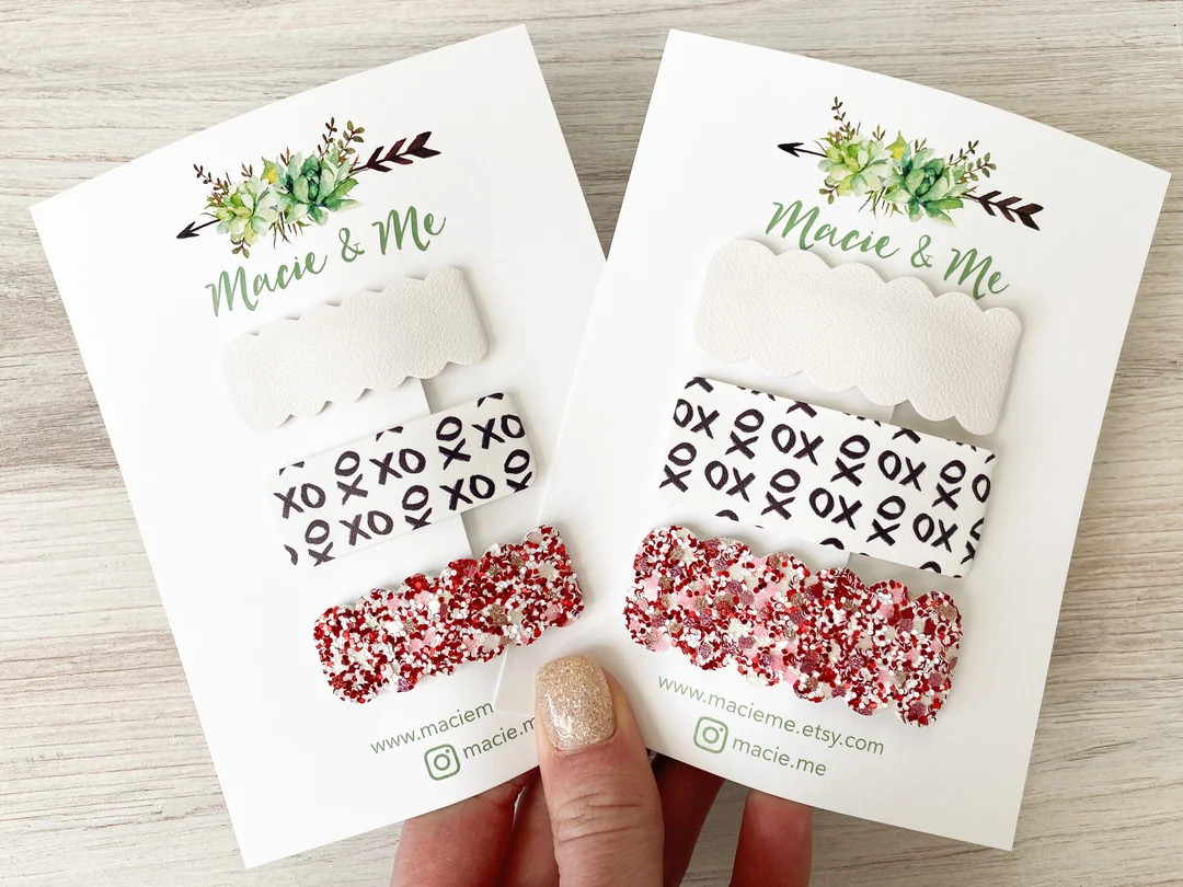 White, XO, Red Pink Glitter Snap Clip Set -  Faux Leather Hair Clips, Girls Snap Clips, Girls Hai... | Etsy (US)