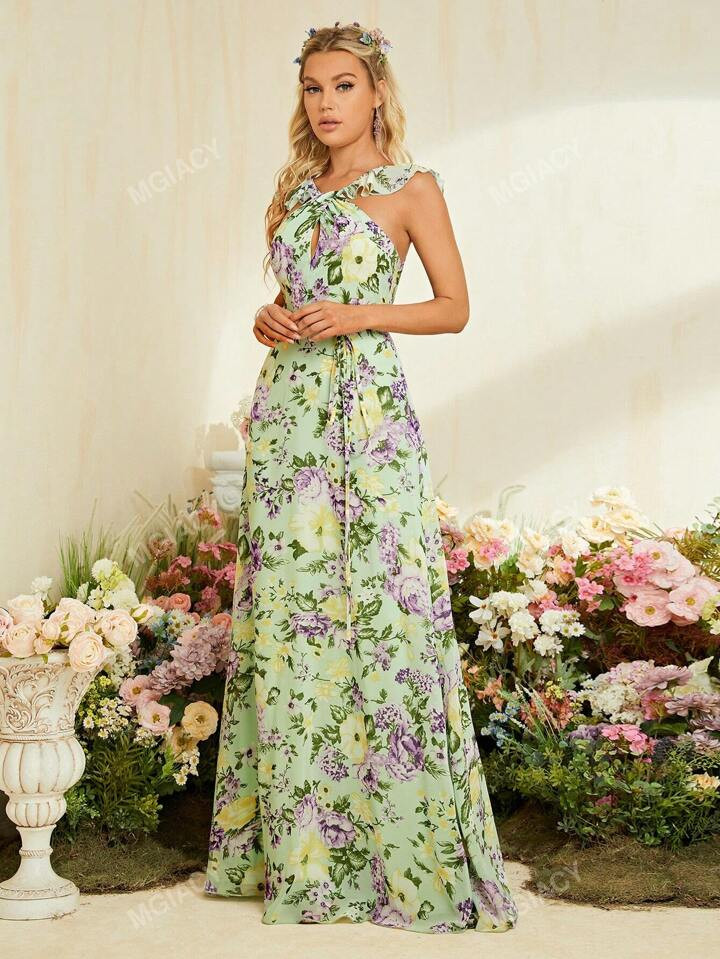 Floral Print Ruffle Trim Belted Maxi Chiffon Bridesmaid Dress | SHEIN