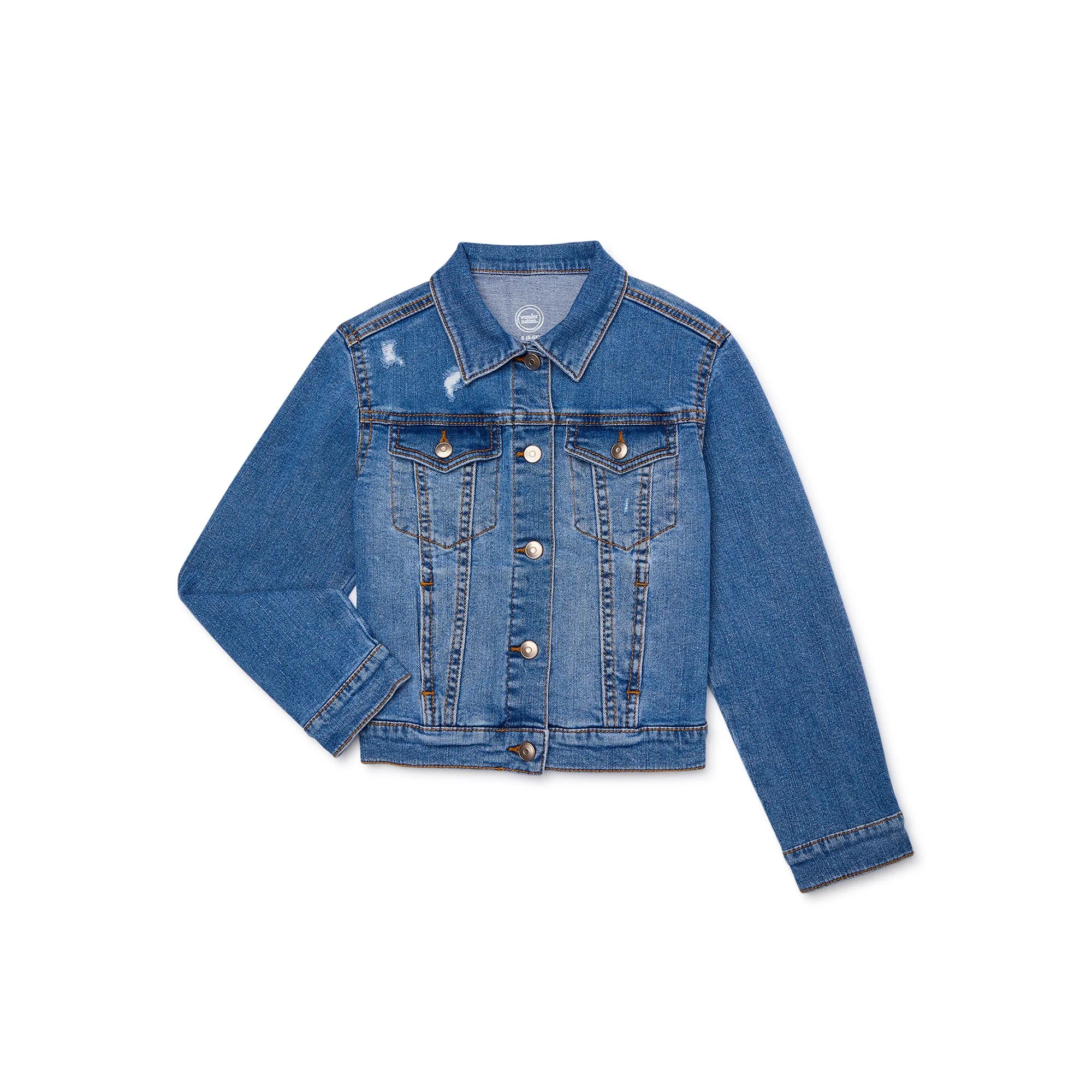 Wonder Nation Girls Distressed Denim Jacket, Sizes 4-18 & Plus | Walmart (US)