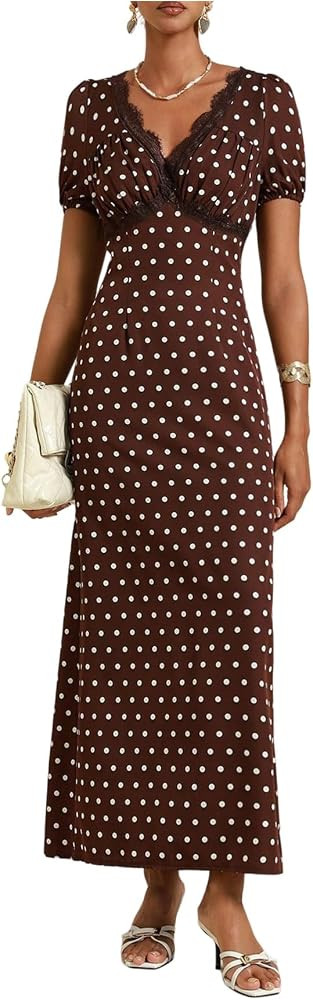 SHENHE Women's Polka Dots Maxi Dress Lace Trim V Neck Short Sleeve A Line Flowy Evening Dress | Amazon (US)