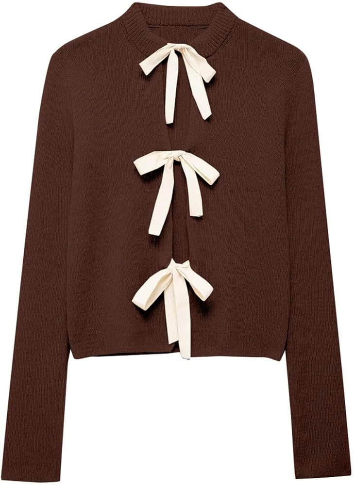 Tie Front Cardigan Sweaters for Women Y2K Bow Tie Open Front Cardigans Crewneck Long Sleeve Sweat... | Amazon (US)