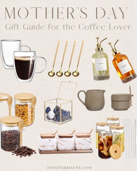 Mother’s Day gift guide coffee lover, insulated coffee mug, gold spoons, gold syrup dispenser, stoneware creamer and sugar, glass iced coffee cups, bamboo glass containers, glass coffee pod holder