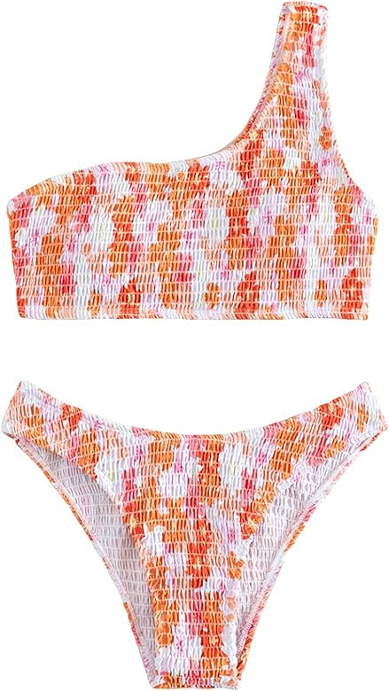 SHENHE Women's 2 Piece Bikini Swimsuit Floral Print One Shoulder Smocked Bikini Set Swimwear | Amazon (US)
