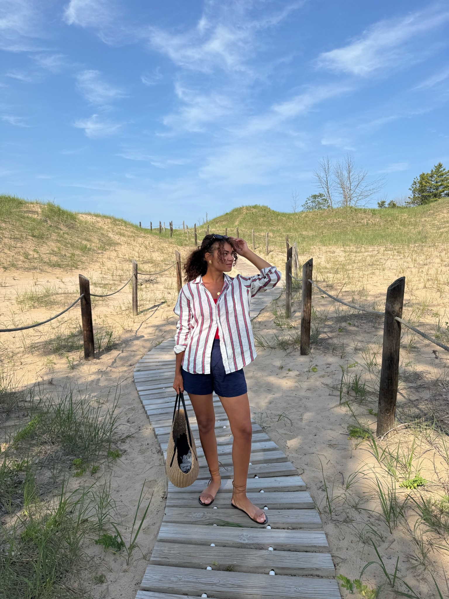 Beach boardwalk style: one piece swimsuit, shorts, sandals, linen button down/cover up, and a straw tote beach bag 

#LTKSwim
